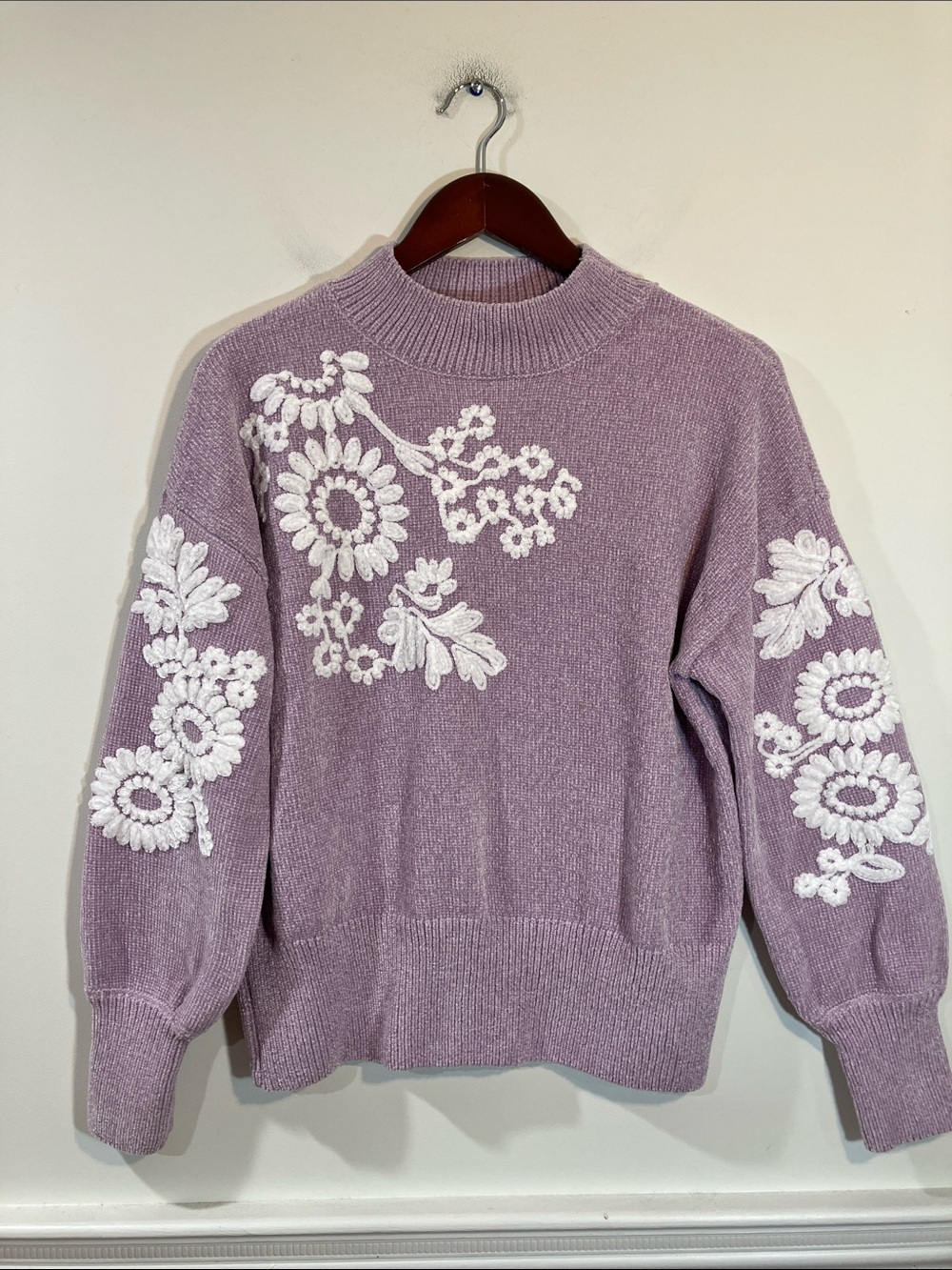 Cynthia Rowley Lilac Floral Applique Mock chenille Neck Sweater M